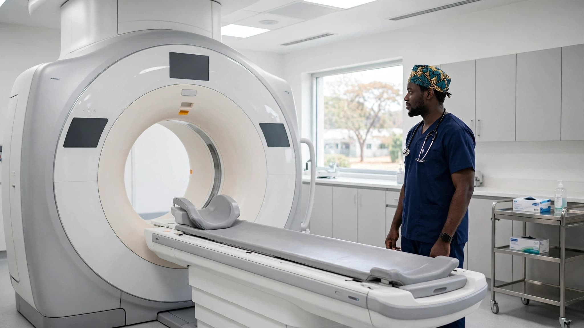 Technicien biomédical devant un scanner en salle d'imagerie