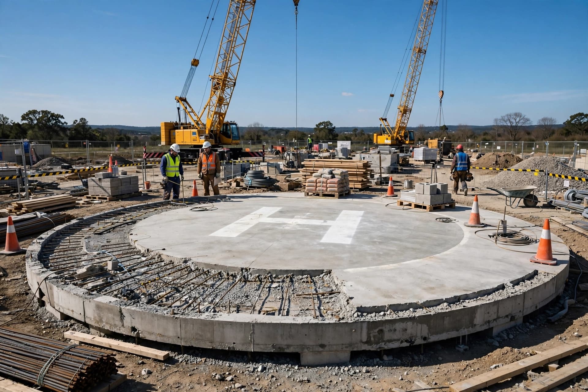 Chantier de construction d'un hélipad en béton avec grues